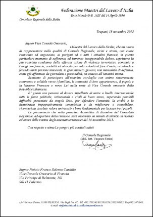 LETTERA DI CORDOGLIO  AL VICE CONSOLE FRANCESE