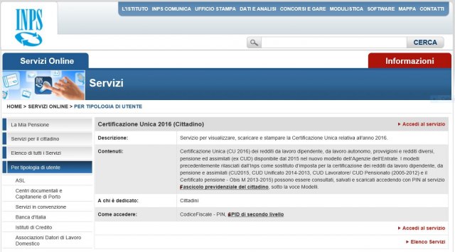 INPS  ON LINE CERTIFICAZIONE UNICA DEI REDDITI